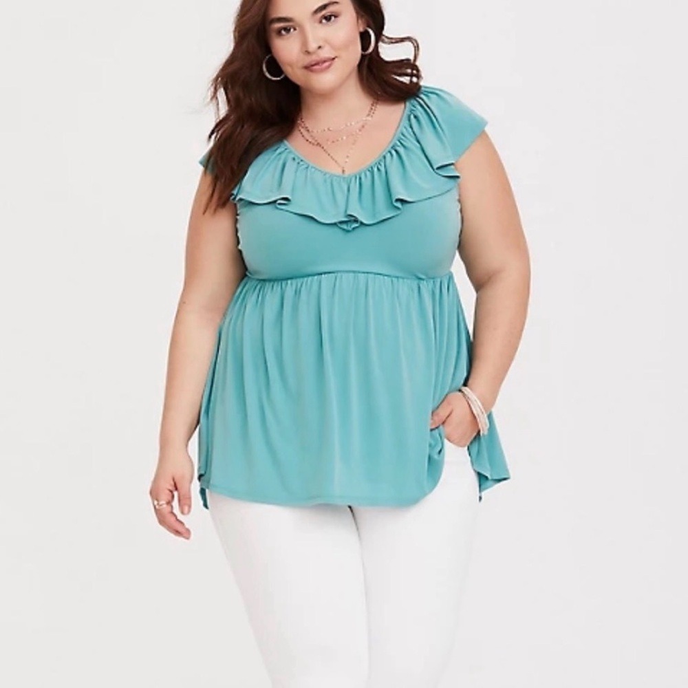 Torrid Sea Green Babydoll‎ Tank Top 1X Plus Size Jersey Knit Ruffle Neck Flowy